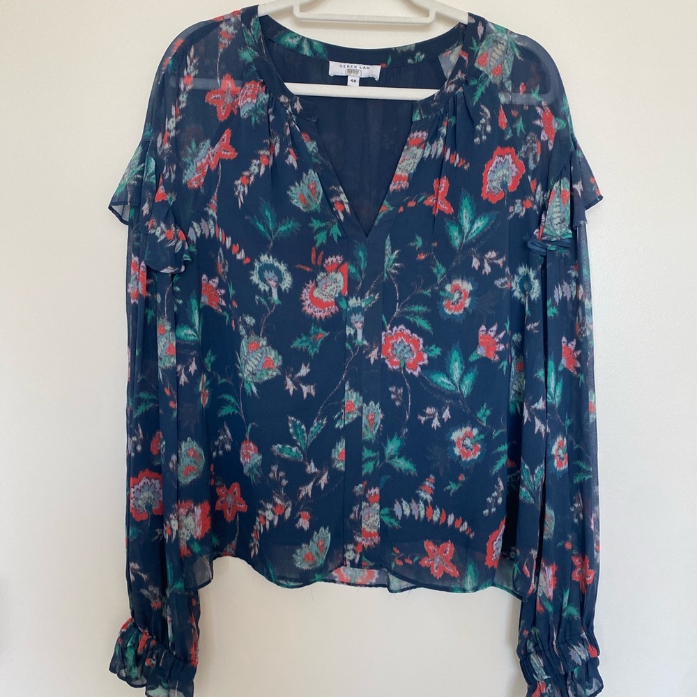 Derek Lam Navy and Red Floral Ruffle Blouse - Size 48 (US 16-18)